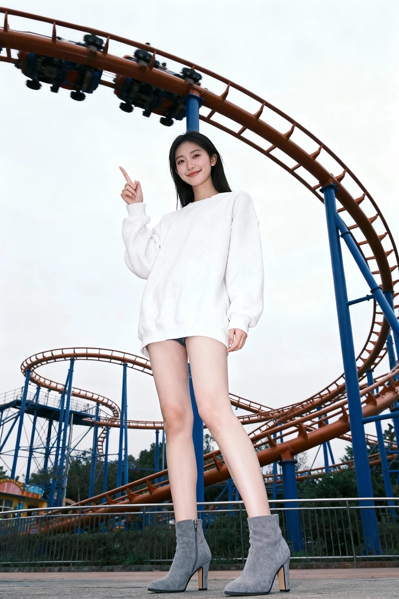 在游乐园开启少女心爆棚的快乐时光，穿搭真的太重要啦！我选了白色毛衣搭配灰色靴子，