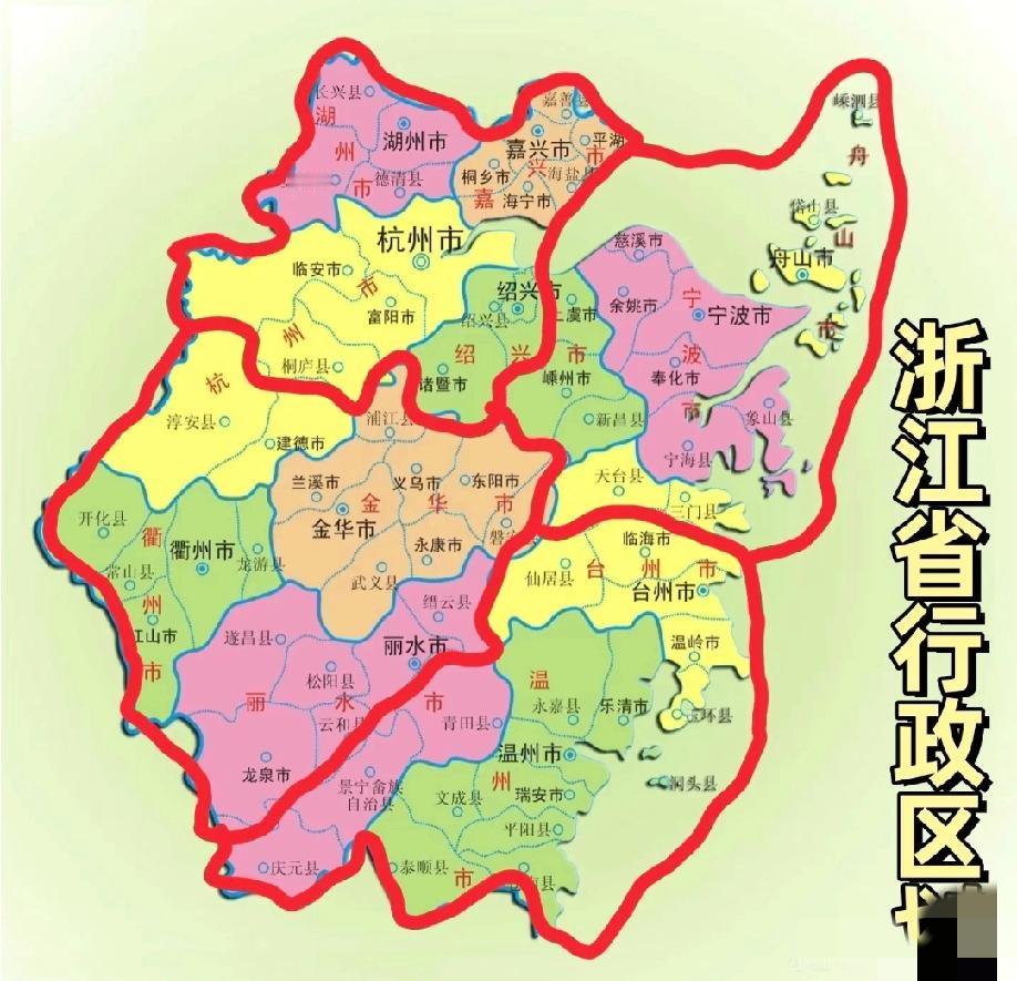 网友突发奇想，想把浙江11个地市做一下重新划分，变成下图的四个中心城市，分别是新