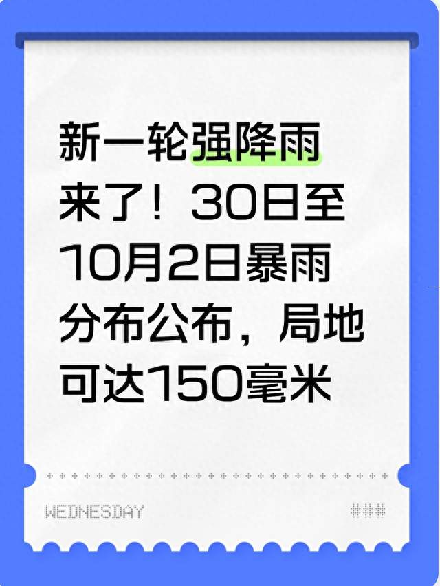 新一轮强降雨来了！30日至10月2日暴雨分布公布，局地可达150毫米
