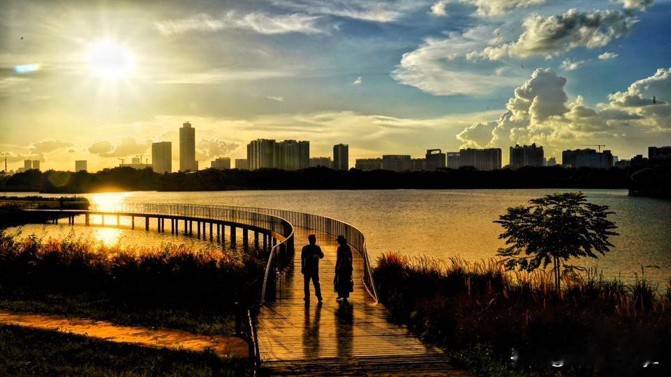 海珠湖，追一场落日。
拍照、光影、吹风，
享受慢悠悠的黄昏时光。
【原创摄影】