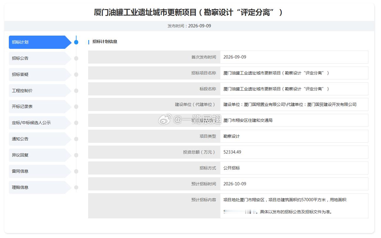 厦门城建 翔安油罐工业遗址城市更新项目勘察设计预招标。 ​​​
