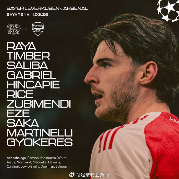 阿森纳首发：拉亚、廷贝尔、萨利巴、加布里埃尔、因卡皮耶、赖斯、祖比门迪、埃泽、萨