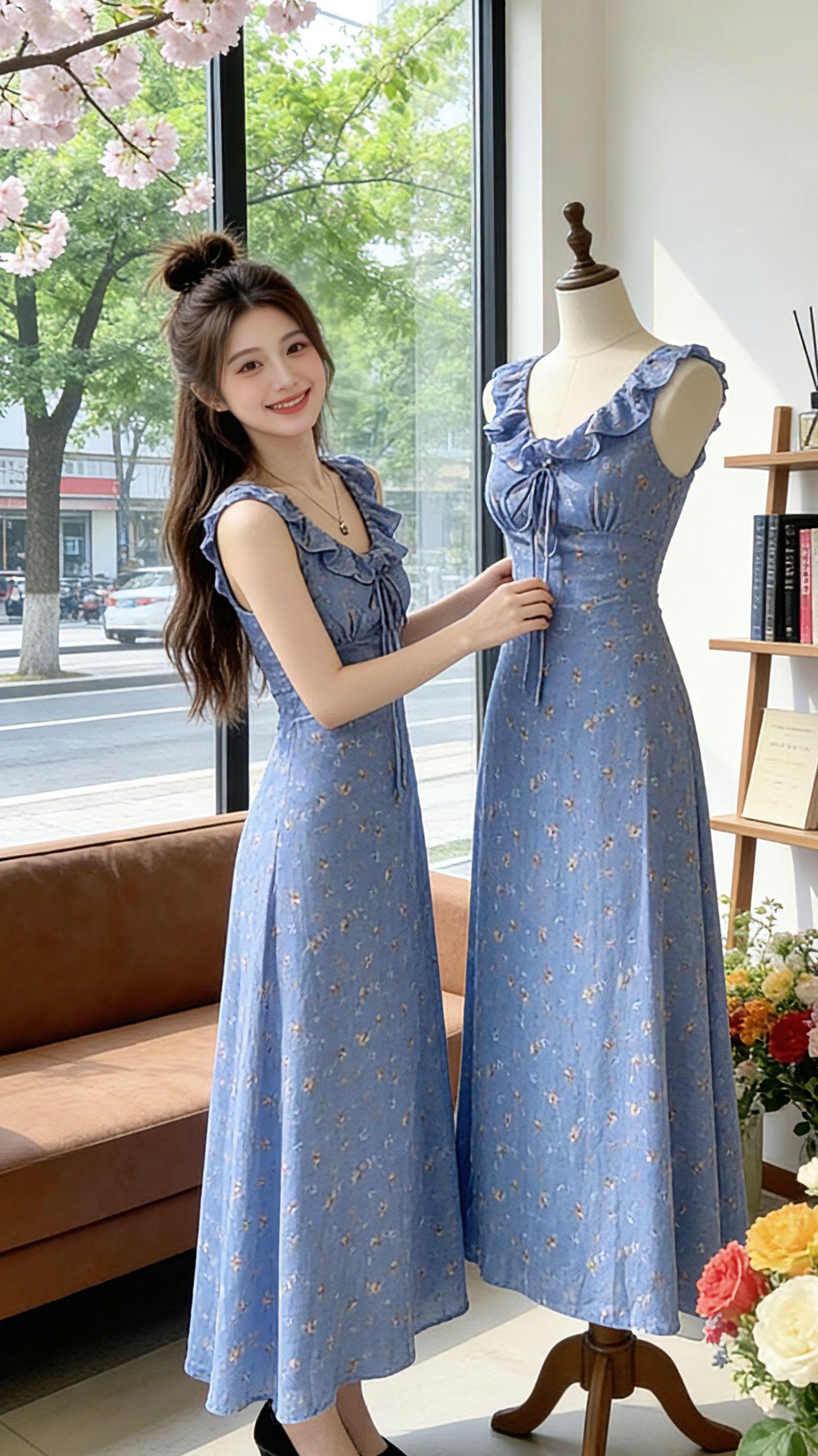 谁懂啊！这条蓝调碎花裙承包了我整个夏天的浪漫。从室内试衣的一眼心动，到花田自拍的