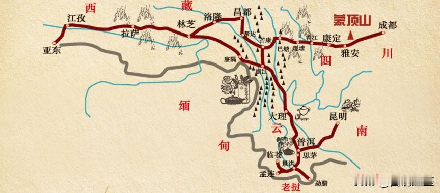 图为茶马古道。几个世纪的时间让这条路成为了重要的通商干道，即使它一直面临沿途不同