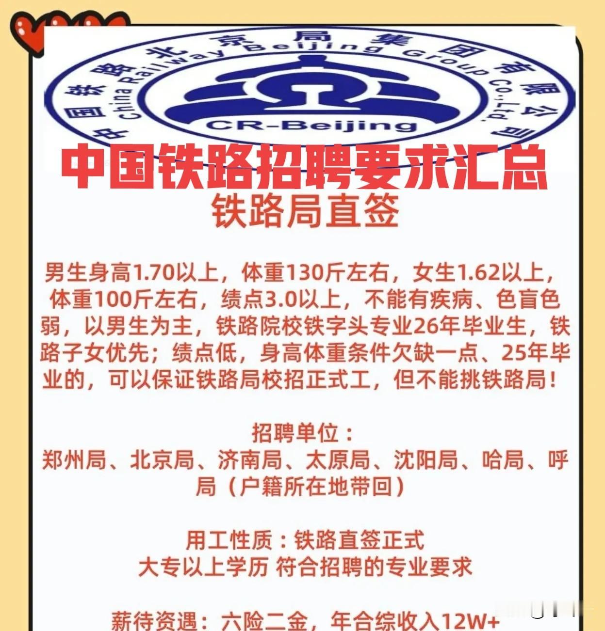 直签内部资料！中国铁路26年7大铁路局招聘要求汇总揭秘！大专高职以上可以报名！铁
