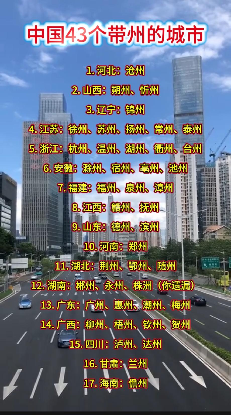 中国43个带“州”字城市
 
 
1. 河北：沧州
​
2. 山西：朔州、忻州
