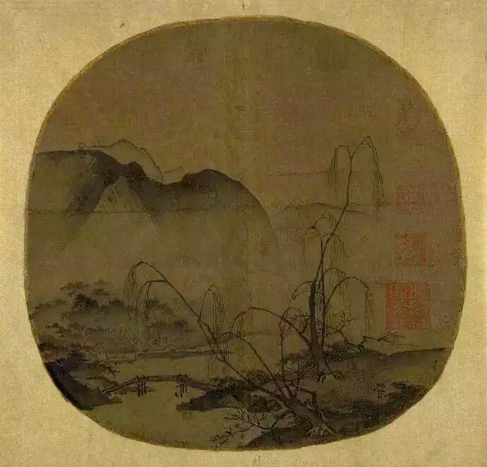 宋 马远 柳岸远山图 绢本 设色23.8x24.2cm 美国波士顿艺术博物馆藏。