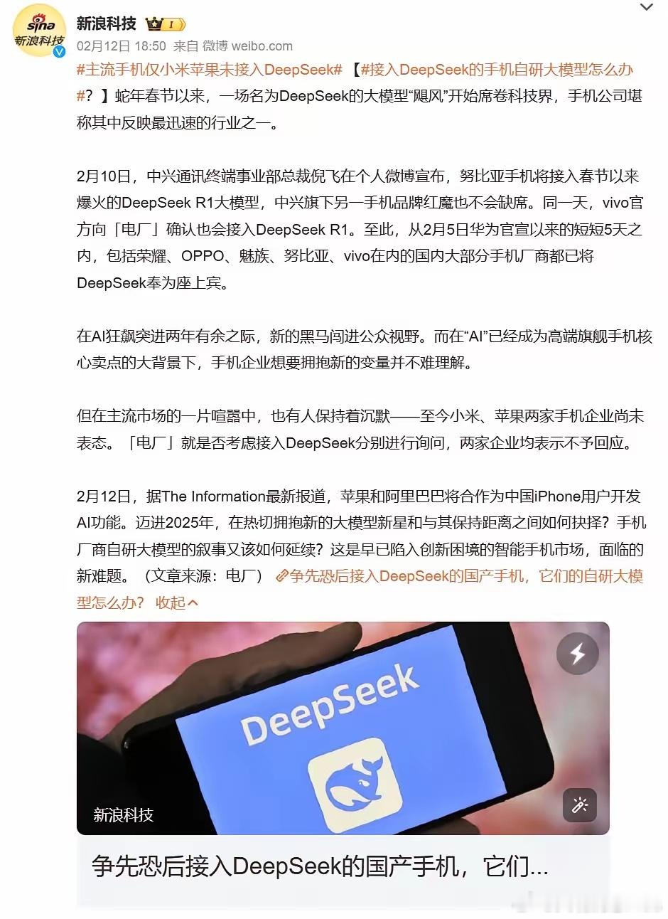 主流手机仅小米苹果未接入DeepSeek 