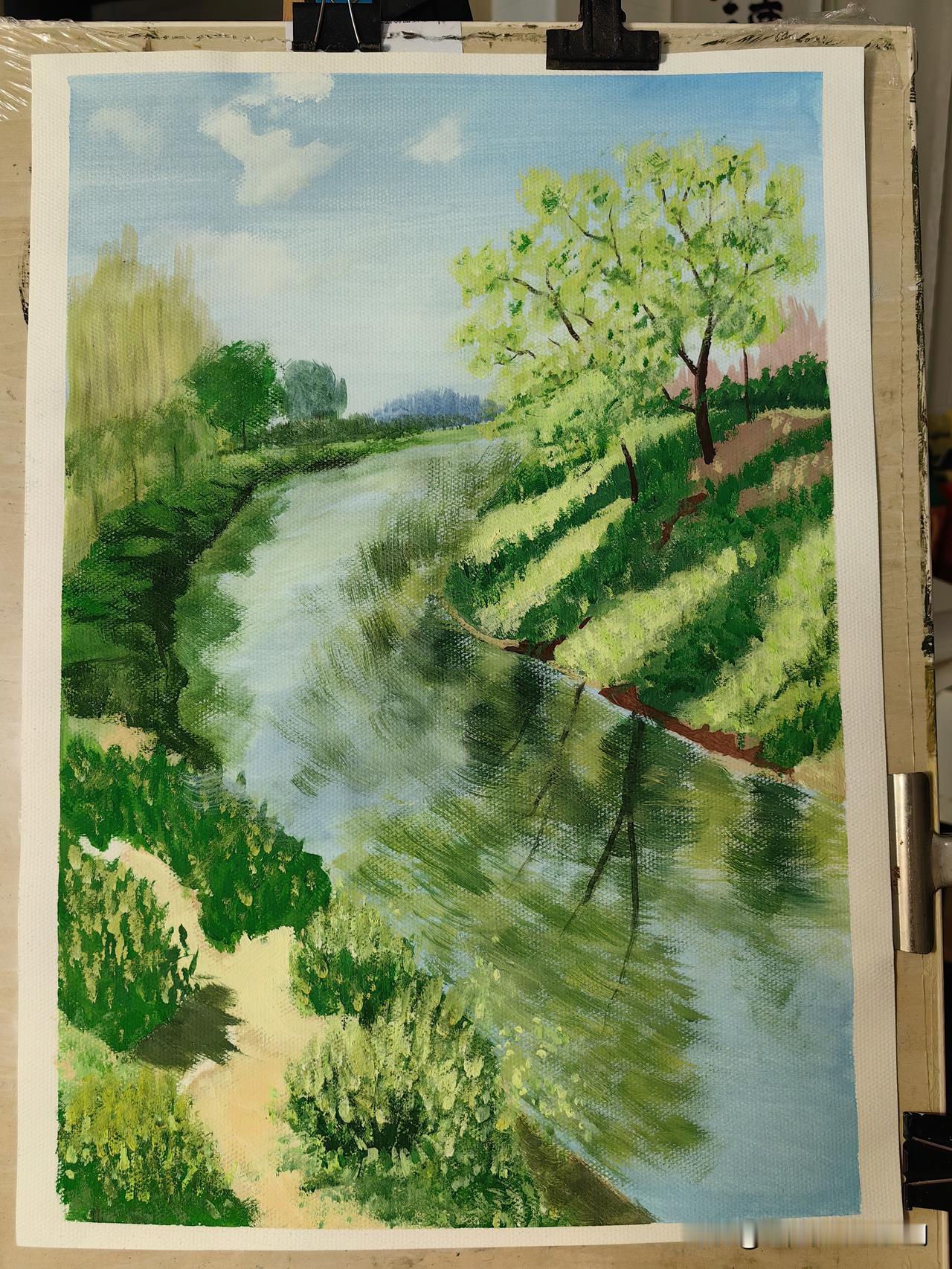 每日一练（水粉画）
 
一湾清碧绕芳郊，
翠染长堤柳色娇。
云淡风轻天水映，
闲
