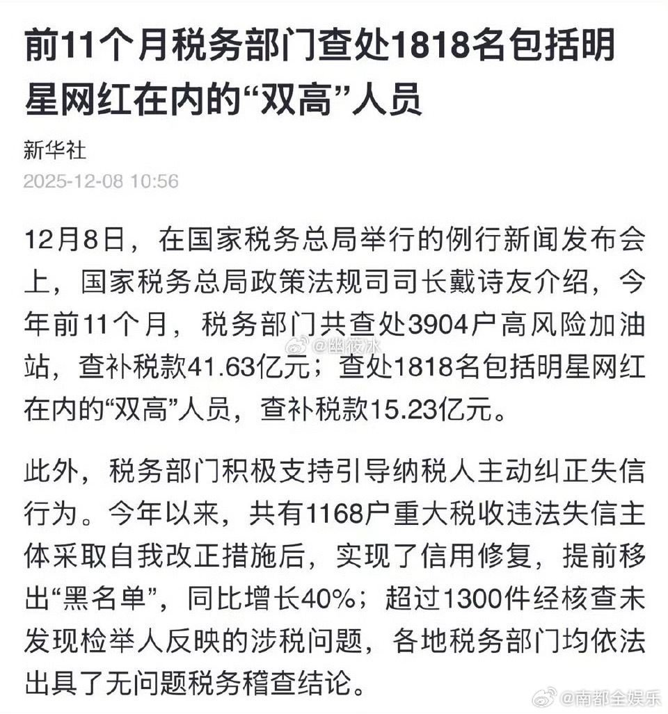 1818名包括明星网红在内双高人员被查今天，国家税务总局举行例行新闻发布会。国家