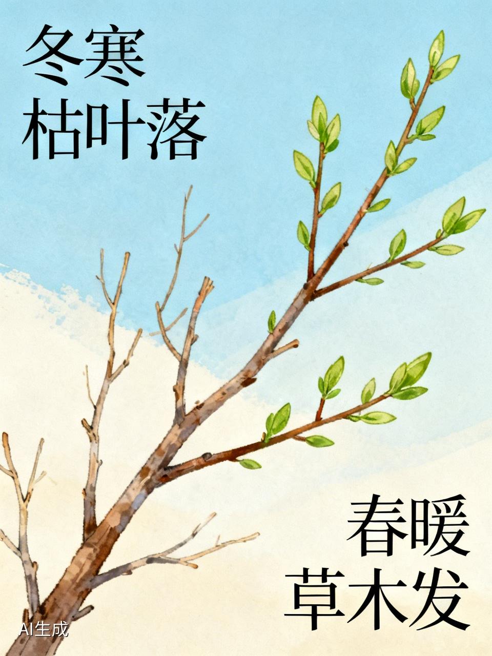此联对仗工整，“冬寒”对“春暖”，季节与气候特征对应；“枯叶落”对“草木发”，景