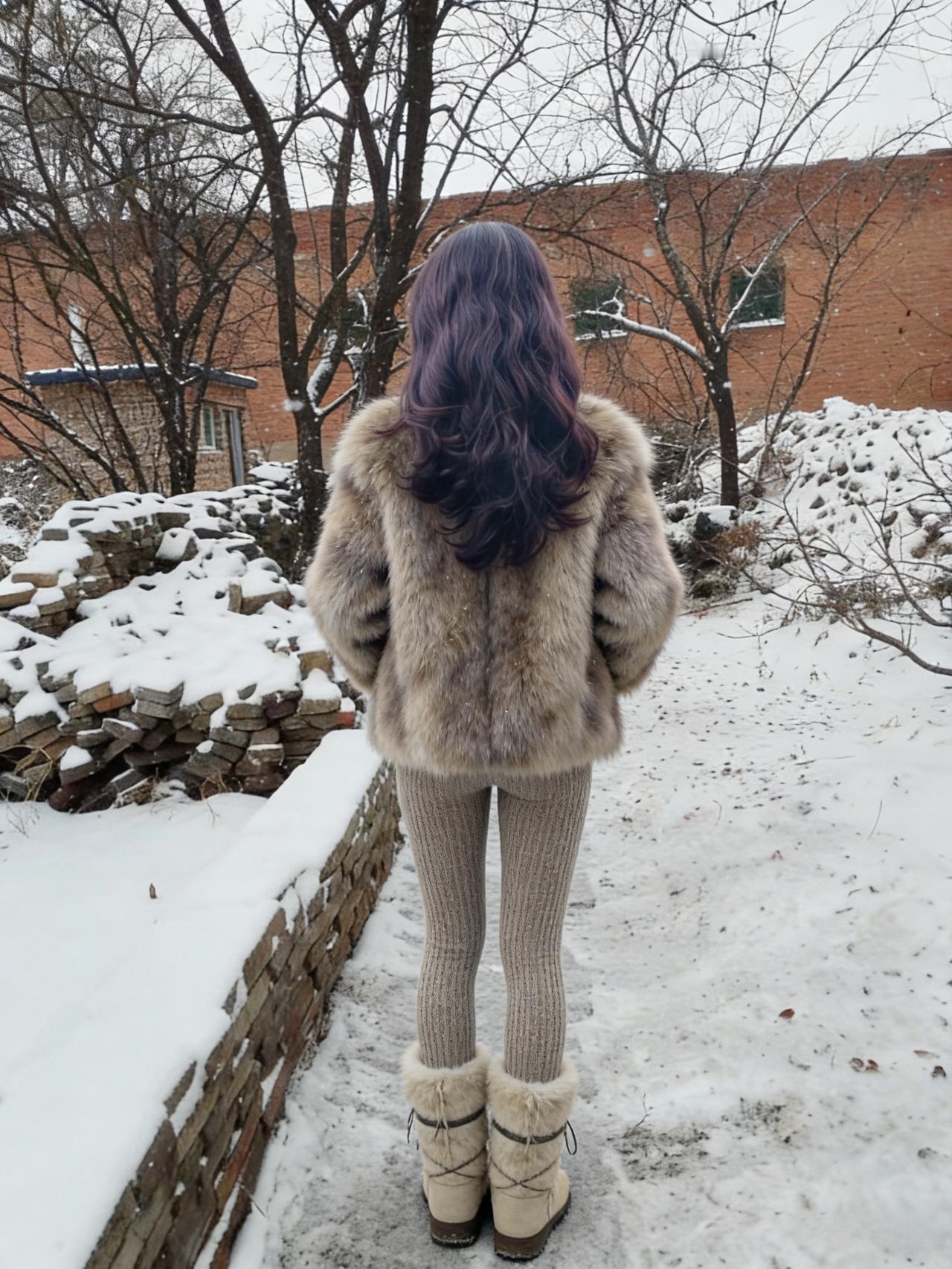 裘衣斜拥雪光寒，紫发轻扬落玉团。
独立荒园人不见，只留背影向霜峦。