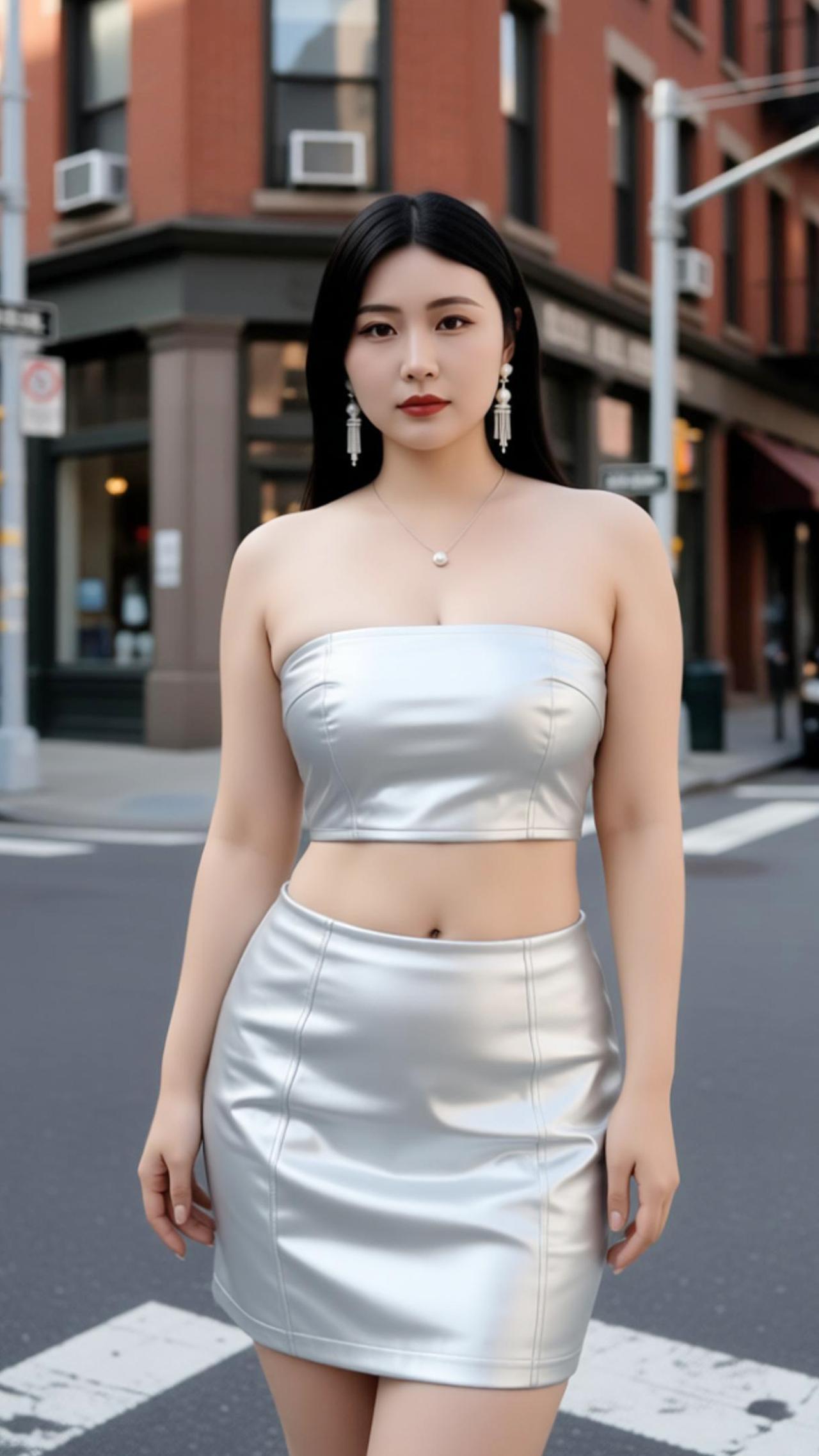 苏念念小姐姐身穿银色抹胸皮质套装，是街头最亮眼的时尚注脚。亮面皮质自带冷冽高级感
