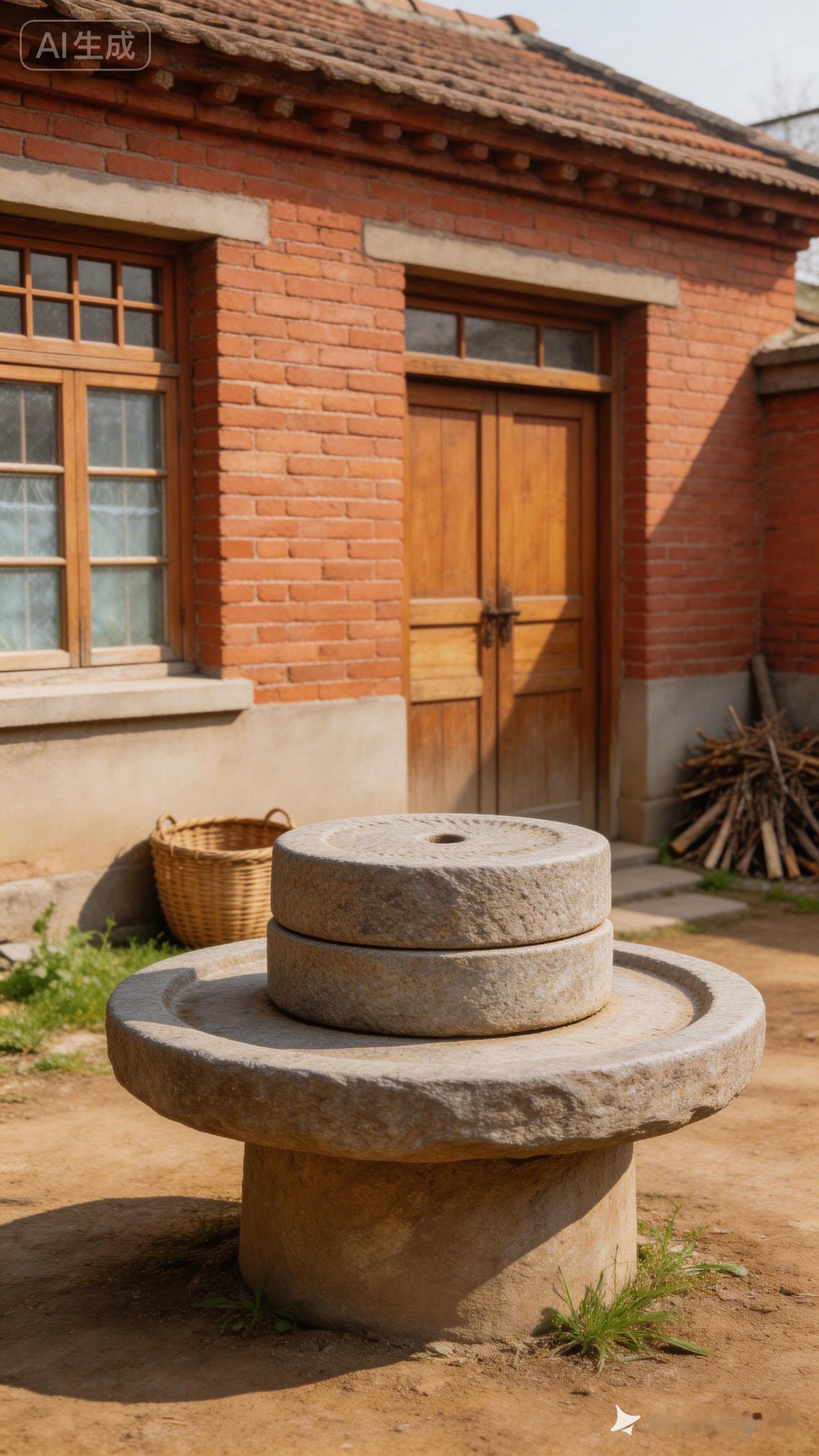 古朴的石磨与红砖房，怀旧的乡村风情。