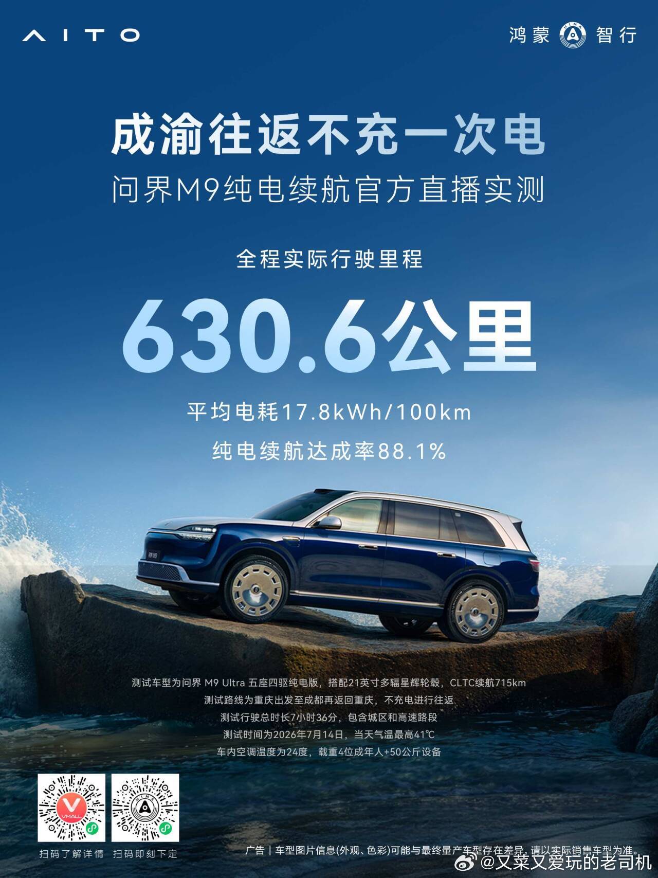问界M9纯电版只充一次电，也可以差不多跑近1300公里了这么大的SUV，重量比某