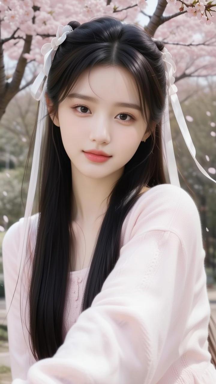 樱花树下，少女如画，粉嫩春光，美不胜收。🌸💕
