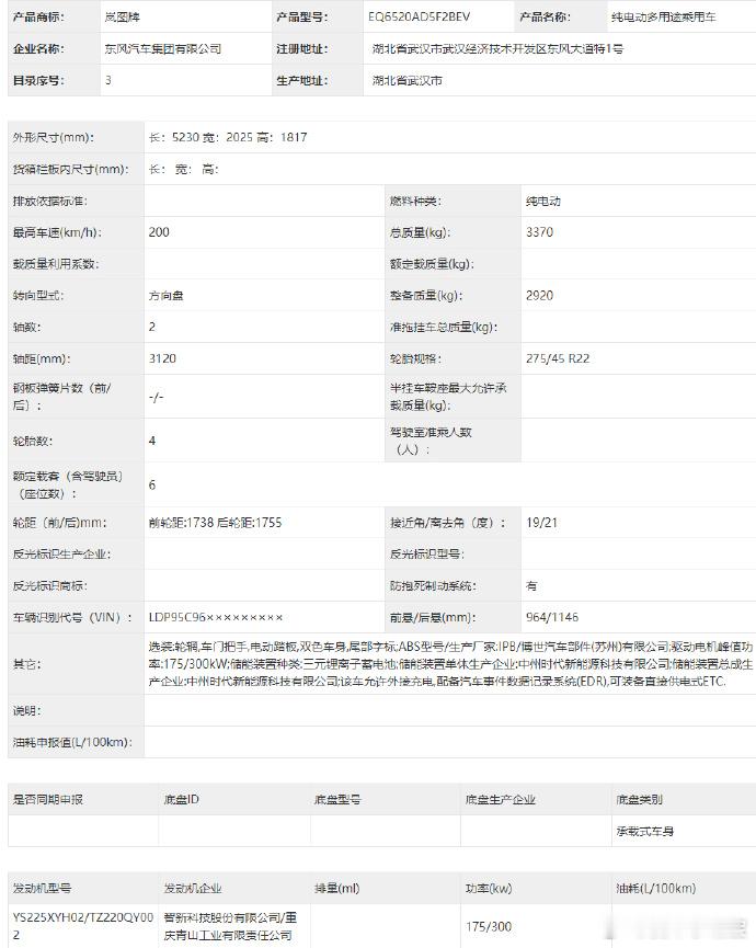 【岚图泰山 X9 新车申报：六座纯电 SUV，采用三元锂离子蓄电池】岚图泰山六座