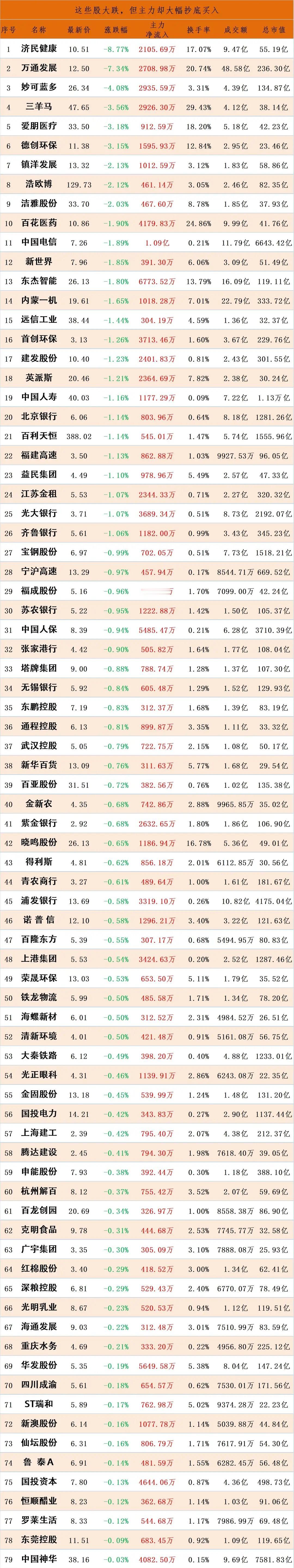 股票大跌，主力资金却在大幅买入的股票名单。