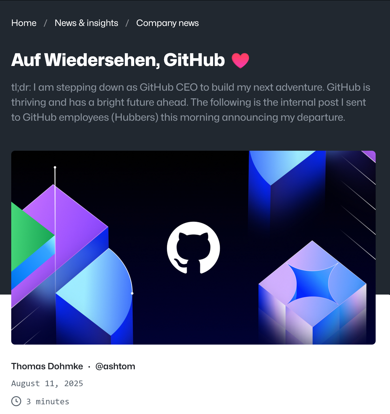 Github 的 CEO 托马斯·多姆克离职，准备创业去了。后续 GitHub 