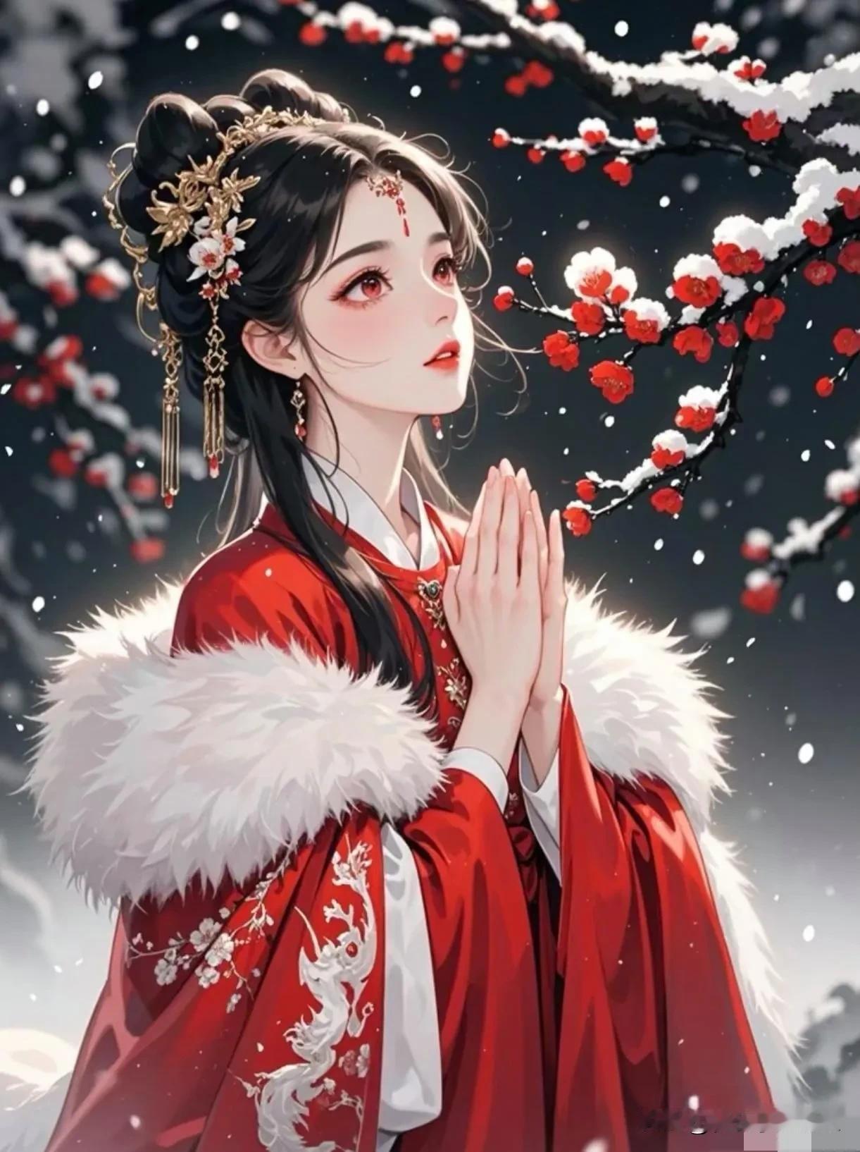 落雪纷纷，梅园暗香盈袖。于这银白与嫣红交织之境，虔诚祈愿 。

每一片雪花，都是
