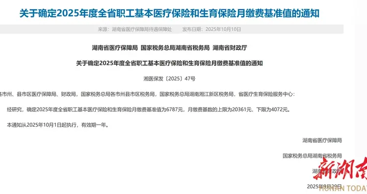 6787元/月！湖南职工医保和生育保险月缴费基准值出炉