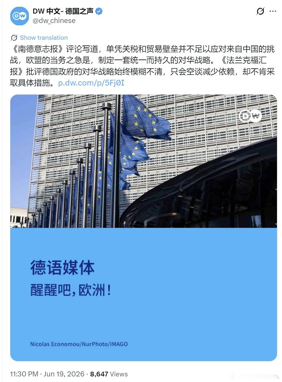 欧洲这些舆论又想搞贸易战了？《南德意志报》评论写道，单凭关税和贸易壁垒并不足以应