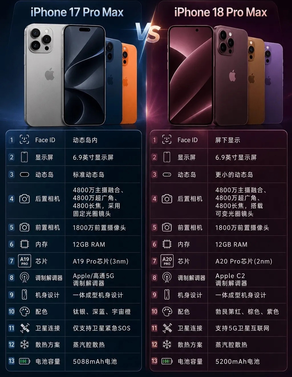 从目前的爆料来看，iPhone18 Pro Max对于iPhone17 Pro 