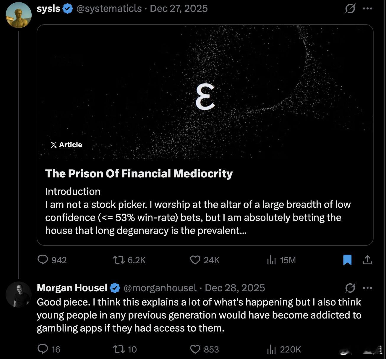 “我不是一个选股者。我信奉的是大量、低置信度（≤53% 胜率）的广泛下注，但我几