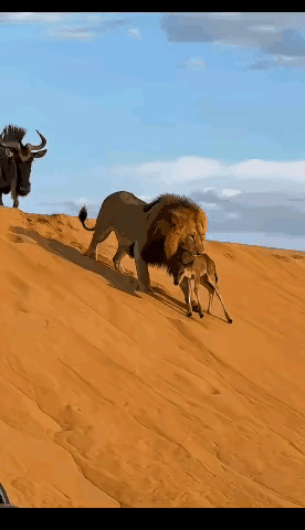 狮子大意失猎物，反被角马爸爸顶成重伤
 
一头几百斤的狮子叼着小角马，慢悠悠想找