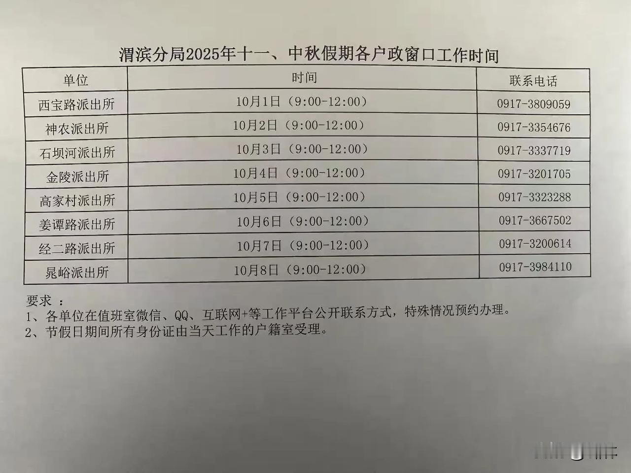 宝鸡派出所国庆上班时间