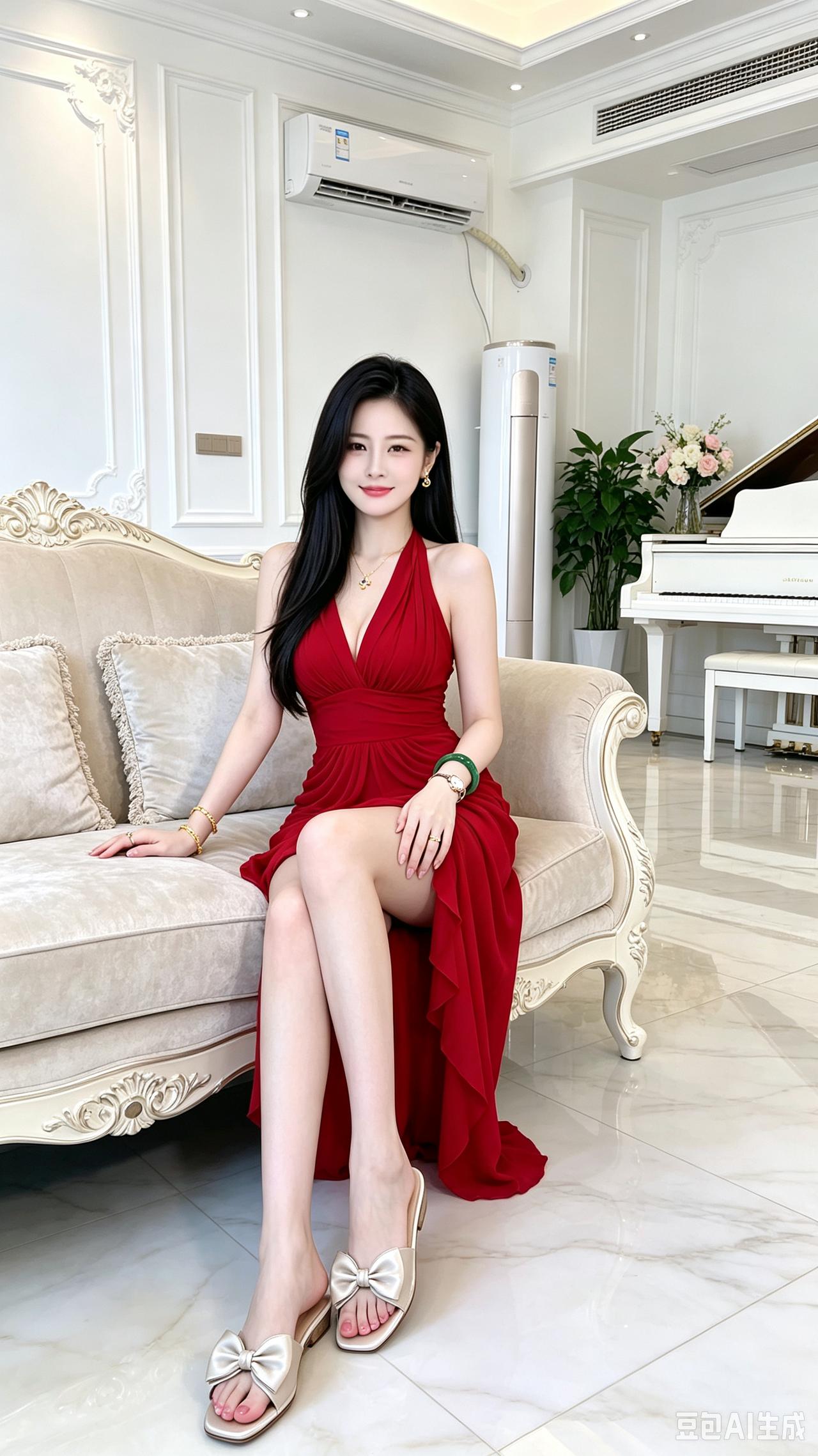 这美女坐在沙发上，穿得真漂亮！