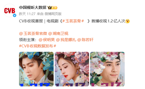 【玉茗茶骨首播收视1.2亿人次】侯明昊玉茗茶骨收视据，主演的电视剧《玉茗茶骨》首