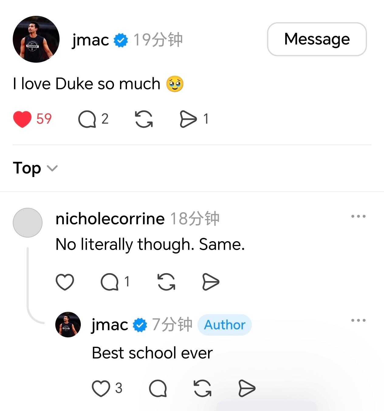 麦凯恩：我太爱杜克了🥹网友：真的，我也是魔仙哥回复：史上最好的学校nba雷霆[