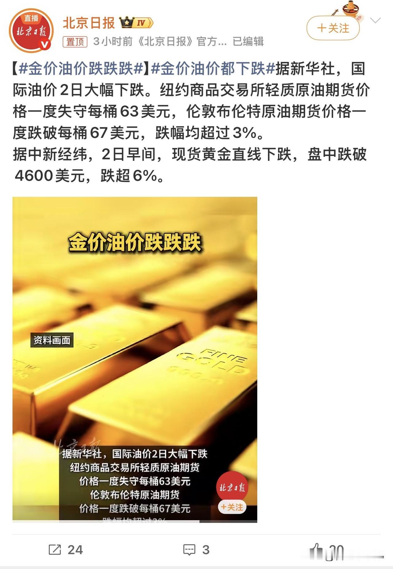 剧本彻底反转！前几天还在喊金价涨、油价涨、粮食涨，今天直接集体跳水，谁也没料到。