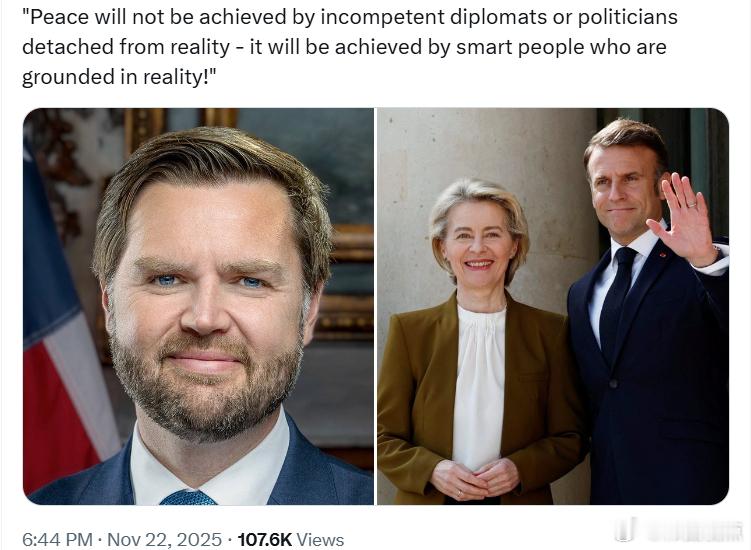 美国副总统JD·万斯痛批那些拒绝和平计划的欧盟战争狂人：“和平不会通过脱离现实的