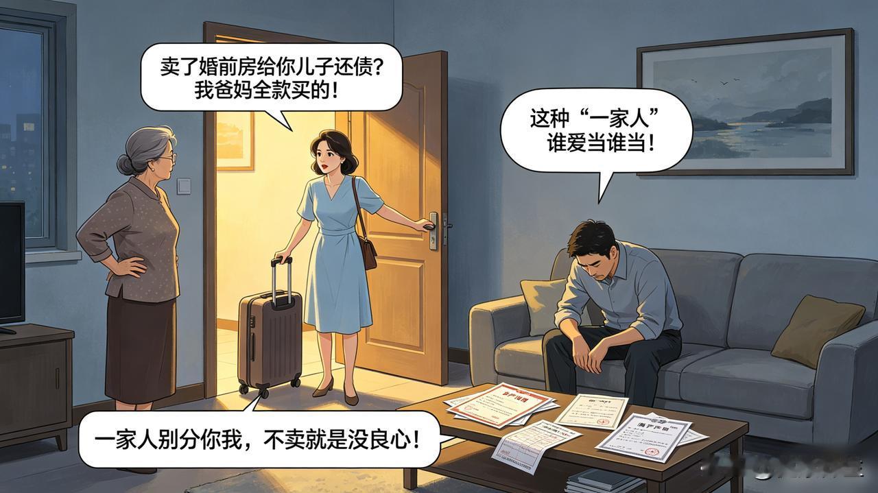 婆婆要我把婚前房子卖了给他儿子还债

房子是我爸妈全款买的，结婚三年了。婆婆说一