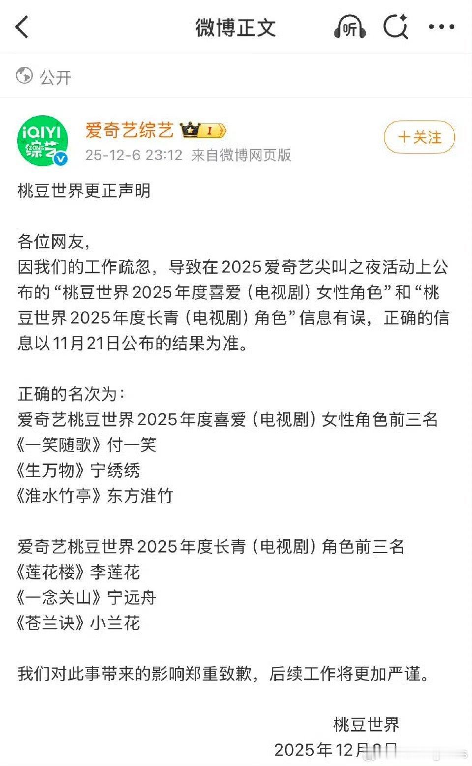爱奇艺桃豆世界2025年度长青（电视剧）角色前三名原来昨天爱奇艺尖叫之夜还提到虞