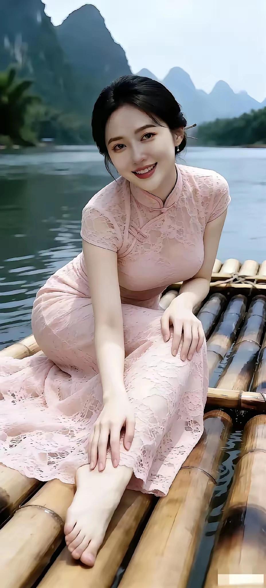 小小竹排江中游，
饱览两岸山水秀。
姑娘春日心花放，
妹妹找哥乐悠悠。