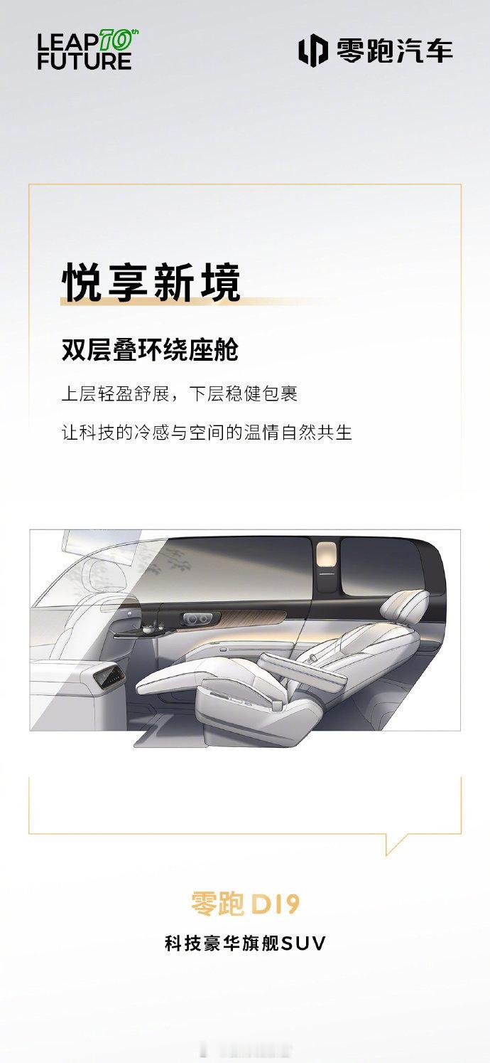 零跑 D19 内饰设计概念首度公开，采用双层叠环绕座舱、超椭圆数字曲面。零跑 D