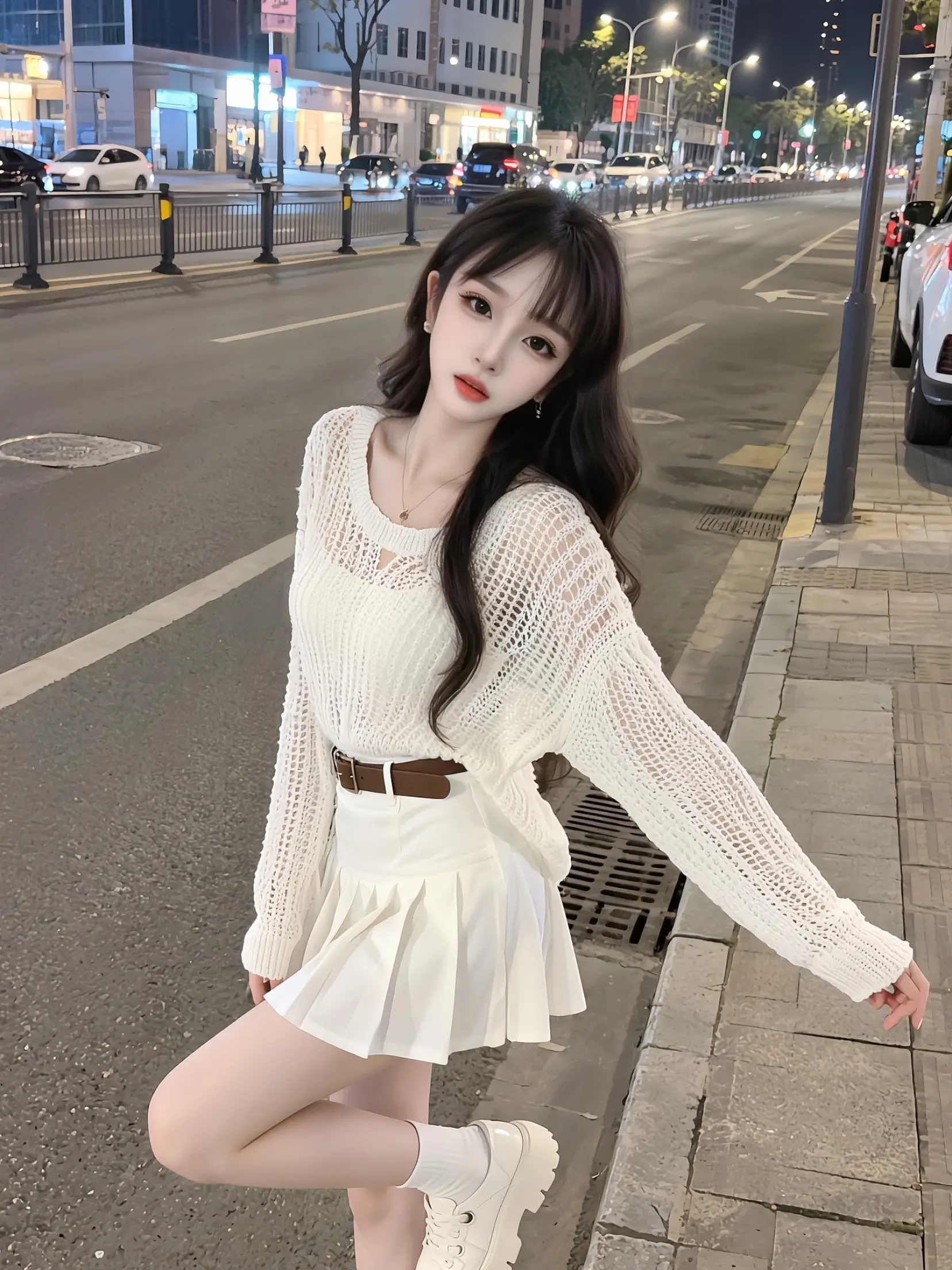 白色短裙ootd 不斩男但一定斩女的穿搭 晚风短裙 街道白衬衫美女 氛...