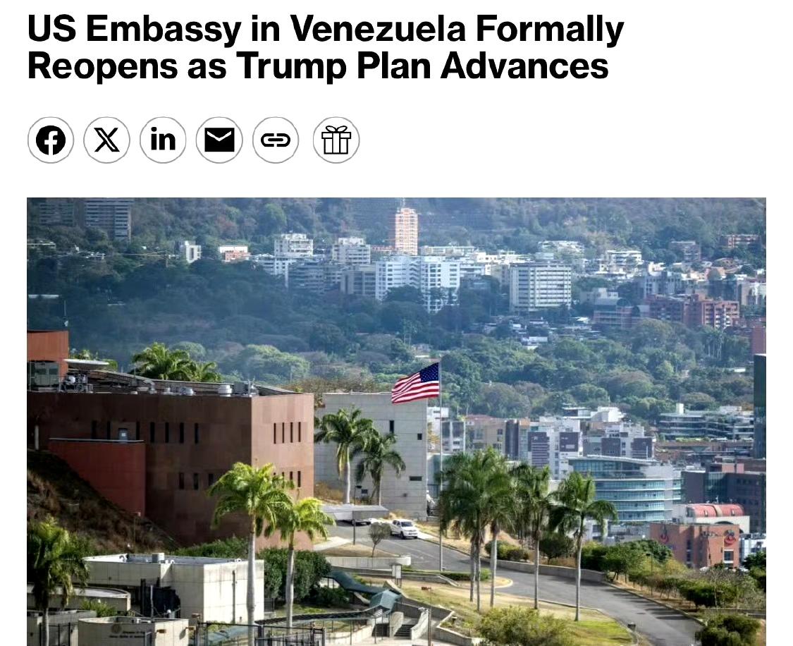 ️据彭博社消息：

美国驻委内瑞拉大使馆正式重新开放。

作为两国关系正常化进程