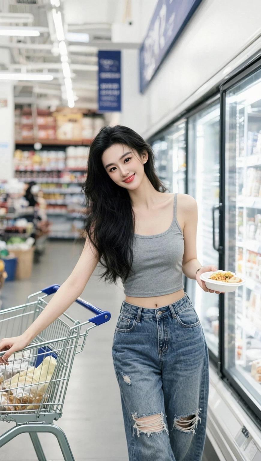 破洞牛仔裤推荐AI超市随拍 随变ai随便玩 吊带牛仔裙搭配 牛仔裤搭配