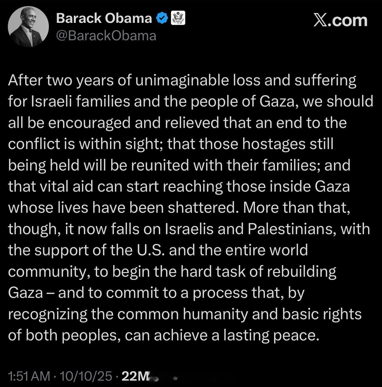 奥巴马发文不提川普：“经历了两年难以想象的痛苦与损失——无论对以色列家庭，还是对