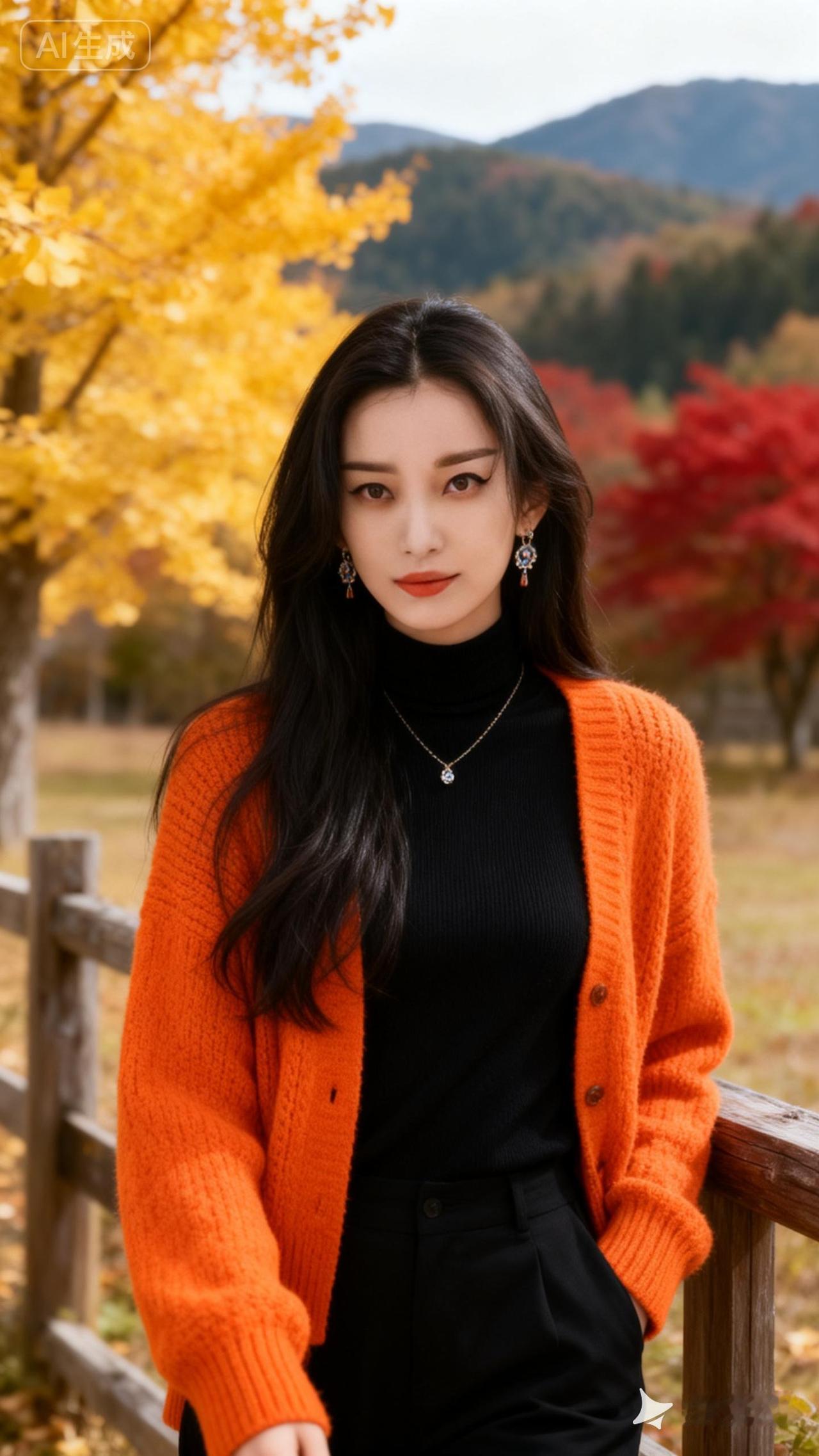 秋日暖阳下的时尚穿搭，橙色毛衣与黑色内搭的完美搭配，尽显优雅与温暖。