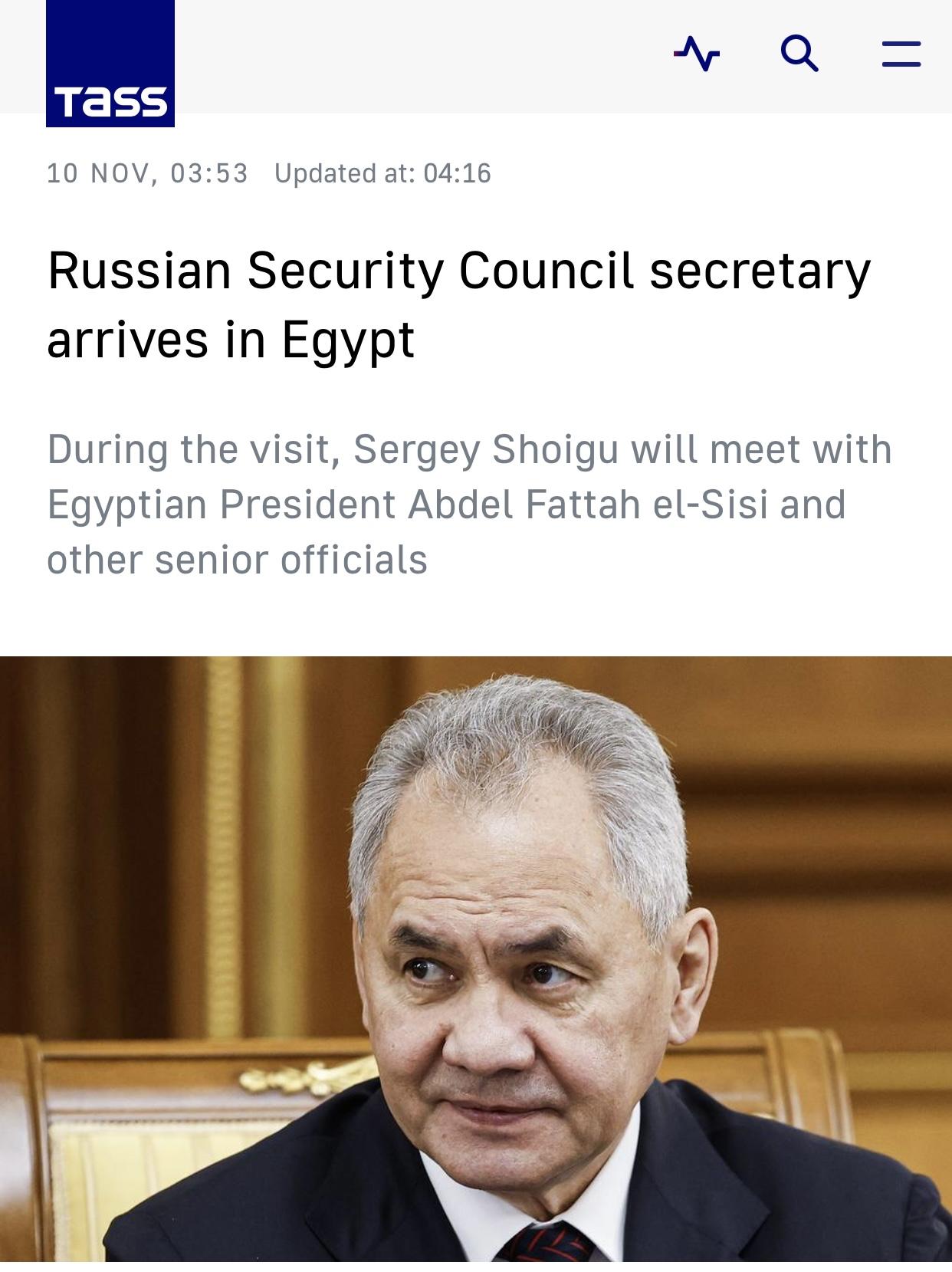 塔斯社：绍伊古率俄庞大代表团抵达开罗 将讨论俄埃众多合作议题

塔斯社开罗11月