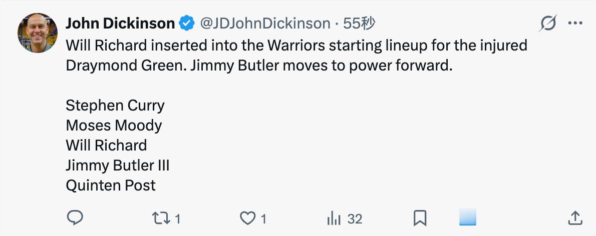 勇士今天的首发：库里，理查德，穆迪，巴特勒，波斯特 