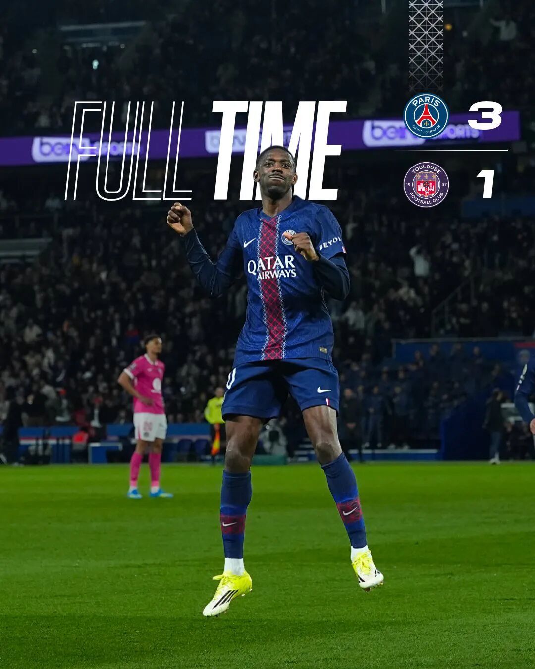 巴黎圣日耳曼巴黎圣日耳曼3比1图卢兹 我们在主场3-1战胜图卢兹！这也是我们在各