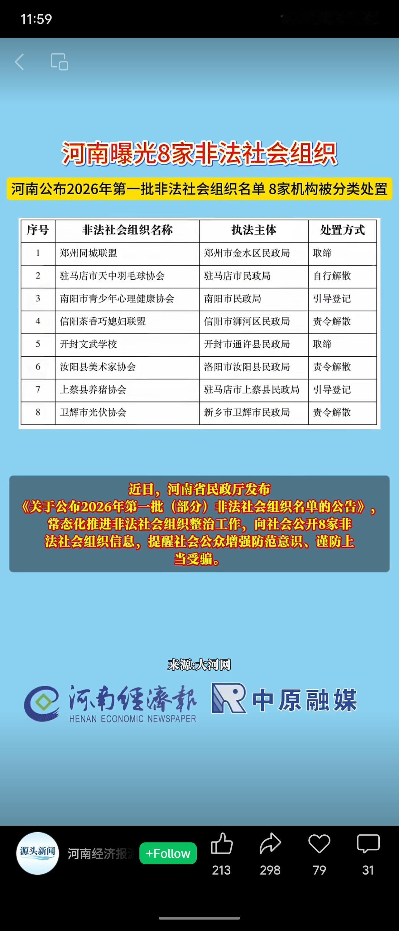 河南省民政厅公布2026年第一批8家非法社会组织名单，涉及郑州、驻马店等地，包括