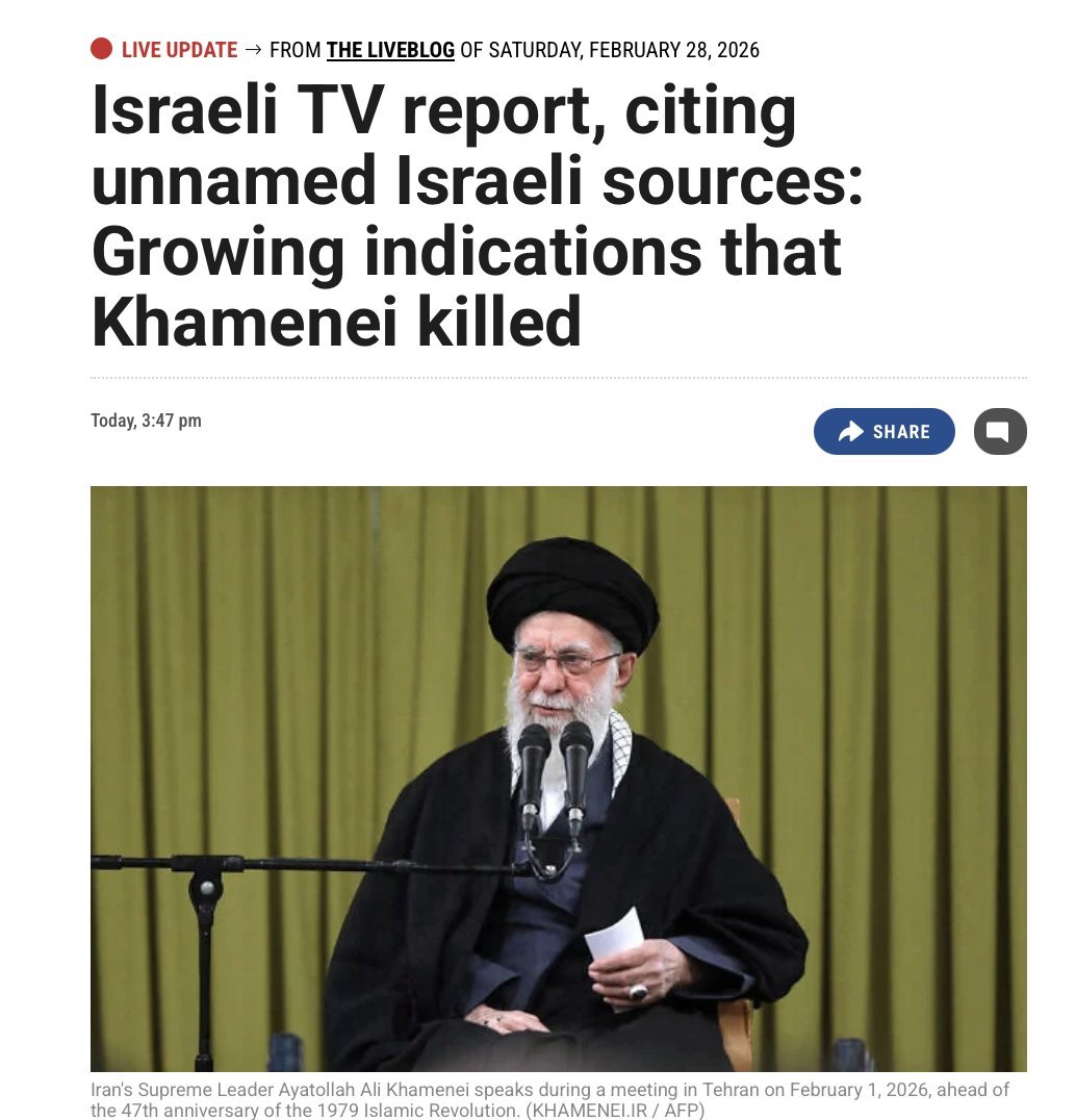 有报道称，哈梅内伊已于空袭中死亡。以色列电视台援引匿名消息人士的话称，越来越多的