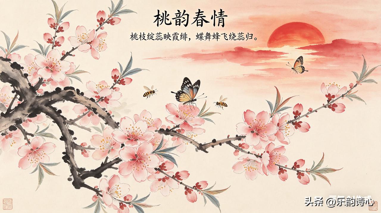 《桃韵春情》乐韵诗心原创诗词:
桃枝绽蕊映霞绯，
蝶舞蜂飞绕蕊归。
风抚香腮春梦